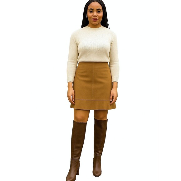 Dresses & Skirts - 100% Suede Pencil Skirt Size 6 Tan Ruffle Hem Neutral Textured Classic Chic